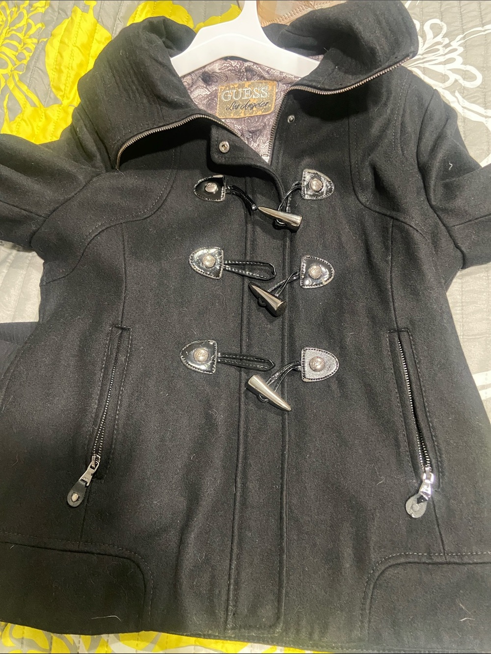 Guess Black Toggle Wool-Blend Hooded Pea Coat
